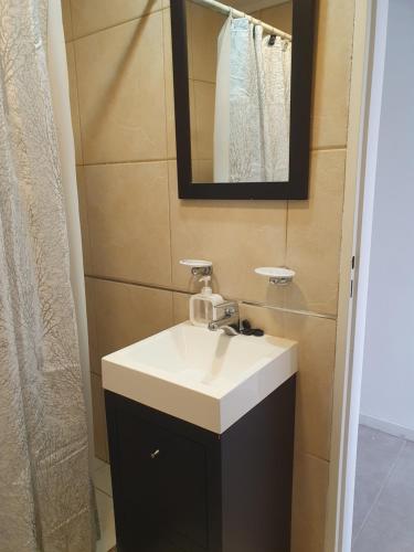 a bathroom with a white sink and a mirror at Patagonia Alamos II in Comodoro Rivadavia