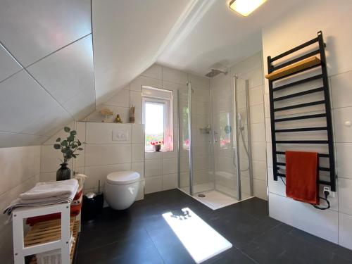 a white bathroom with a shower and a toilet at Strandhaus Mathea Fleesensee in Unter Göhren