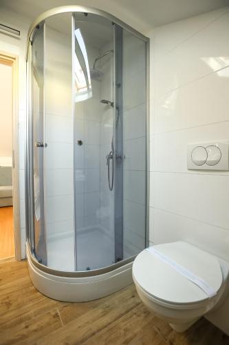 a bathroom with a glass shower with a toilet at Z&A Studio apartment with parking in Božava