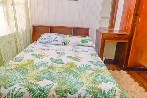 a bedroom with a bed with a green and white comforter at SMITH'S BNB ROOMS 2 in Georgetown