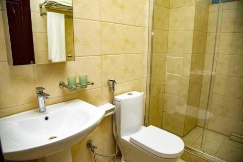 a bathroom with a sink and a toilet and a mirror at Madras Hotel and Apartments in Kigali