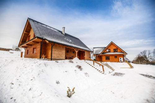 a log cabin with snow on the ground at Apartmány Orlice in Červená Voda