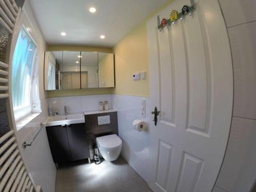 een badkamer met een toilet, een wastafel en een deur bij Villa Hügel Comfortable holiday residence in Heiligenhafen