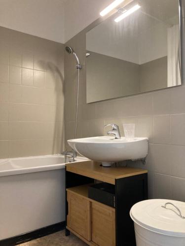 une salle de bain avec un lavabo, des toilettes et un miroir dans l'établissement Grand appart proche Versailles., à Les Clayes-sous-Bois