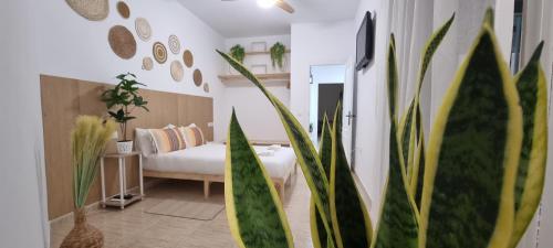 una camera con letto e alcune piante di Natural Home Beach - Apartamento con aire a Roquetas de Mar