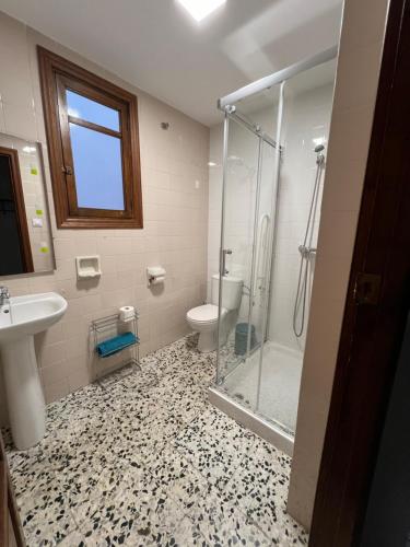 ein Bad mit einer Dusche, einem WC und einem Waschbecken in der Unterkunft Almendra A Vitalba Apartments in Lanjarón