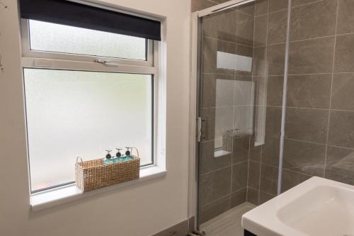 baño con ducha, lavabo y ventana en Teachiń milis Móinéir en Boyle