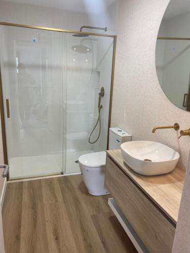 ein Bad mit einem WC, einem Waschbecken und einer Dusche in der Unterkunft Casa Nerga, Cangas do Morrazo, O Hio in Hio