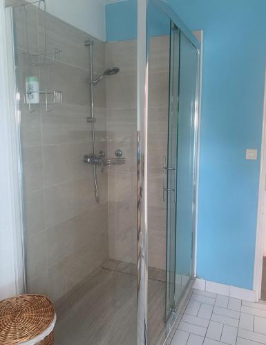 une douche avec une porte vitrée dans une salle de bain dans l'établissement La malouine, à Saint-Malo