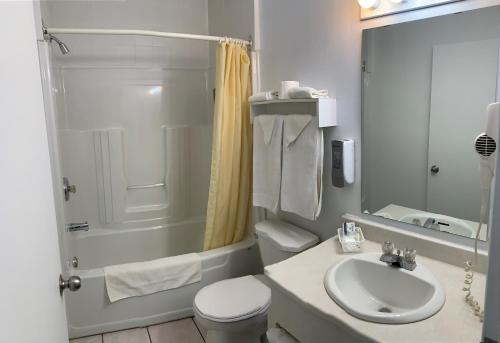 uma casa de banho com um WC, um lavatório e um chuveiro em Hôtel Saint-Côme em Saint Come