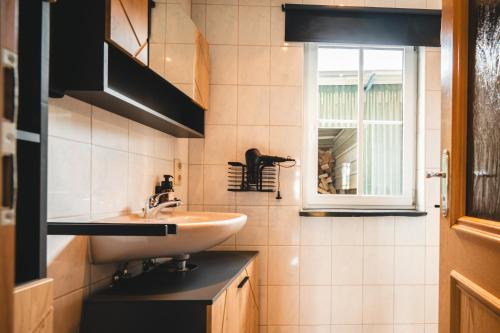 a bathroom with a sink and a window at Black Tiger Seaside - Ferienwohnungen direkt am See in Garden