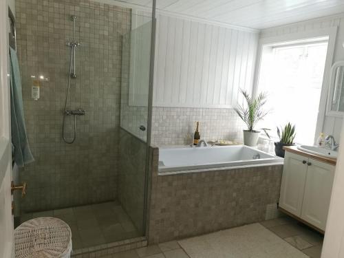 a bathroom with a shower and a tub and a sink at Great house in Risør centre in Risør