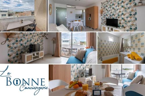 un collage de photos d'une chambre et d'un salon dans l'établissement Studio Pampa Plage Terrasse Beau volume Pied dans l'eau, à Mauguio
