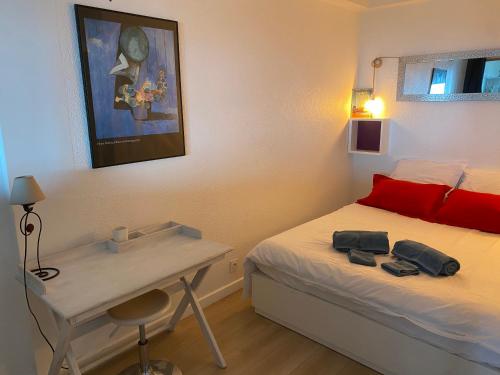 um pequeno quarto com uma cama e um lavatório em Appartement vue mer mont des oiseaux em Hyères