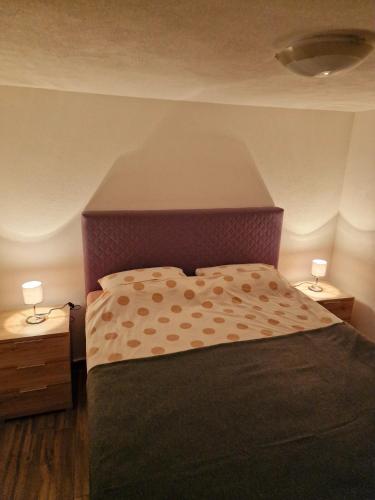 a bed in a bedroom with two lamps on tables at Antonija in Cesarica