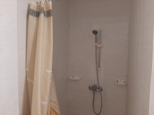 e bagno con doccia e tenda. di Ivanovino Residence a Varna