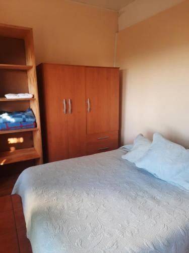 een slaapkamer met een bed en houten kasten bij Apartamento Estudio in Valparaíso