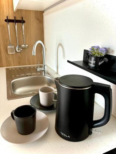 a kitchen counter with two coffee mugs and a sink at Ayana Mobile Home in Orebić
