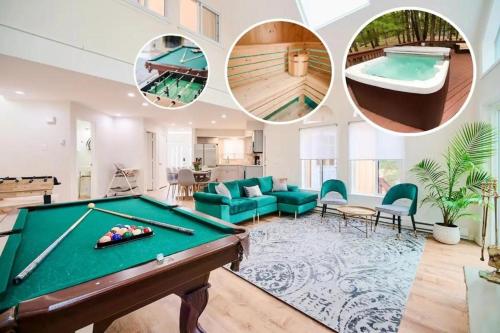 a living room with a pool table and a swimming pool at Luxury Family Escape HotTub Sauna Billiard Pool home in East Stroudsburg