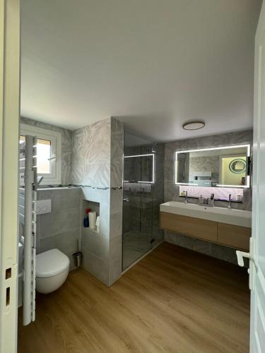 a bathroom with a toilet and a sink and a shower at Face à la mer avec clim, wifi, parking in Le Barcarès