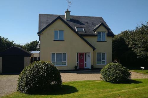 a house with a red door and two bushes at Moor House in Gorey