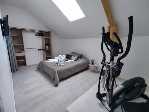 a room with a gym with a bed and a treadmill at Chambre spacieuse, jacuzzi, proche parc Astérix in Thiers-sur-Thève