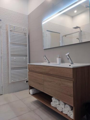 a bathroom with a sink and a mirror at Chambre spacieuse, jacuzzi, proche parc Astérix in Thiers-sur-Thève