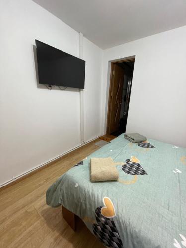 Schlafzimmer mit einem Bett und einem Flachbild-TV an der Wand in der Unterkunft Casa Decebal in Călimăneşti