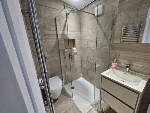 y baño con ducha, aseo y lavamanos. en 1 Bed House Luton town center, en Luton