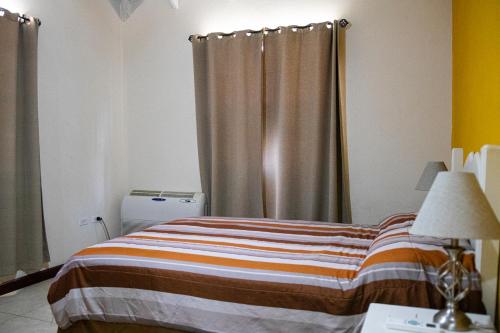 a bedroom with a bed with a curtain and a lamp at Best E Villas Providence in Christ Church