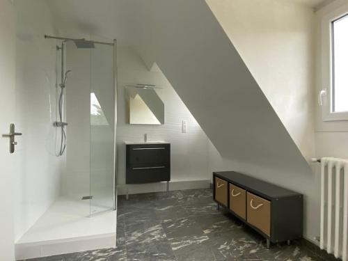 La salle de bains est pourvue d'une douche, d'un lavabo et d'un escalier. dans l'établissement 