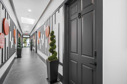 a hallway with a door and potted plants at Columbus in Tampa