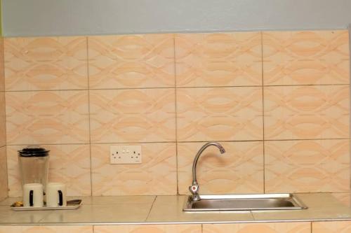 a kitchen with a sink and a tiled wall at EQUATOR GATES HOTEL Bulega in Bulenga