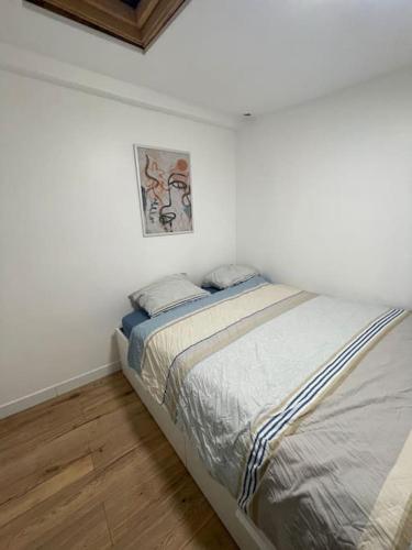- une chambre blanche avec un lit dans l'établissement Charmant appartement américain, à Saint-Denis