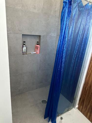 a shower with a blue shower curtain in a bathroom at Sol y mar in Boca del Río