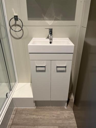 a bathroom with a white sink and a shower at Suite Ten10 in Te Awamutu