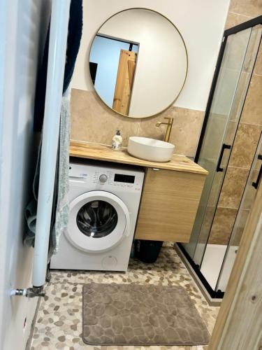 La salle de bains est pourvue d'un lave-linge et d'un miroir. dans l'établissement Apparemment au bord du lac,10 min de Paris,12 min de stade France, à Épinay-sur-Seine