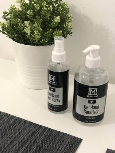 two bottles of gel hand sanitizer next to a plant at Cozy Studio Apartment in Miami