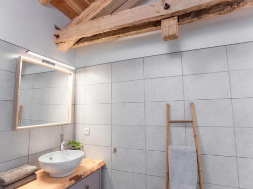 uma casa de banho com um lavatório e um espelho em La grande Grange em Loubejac