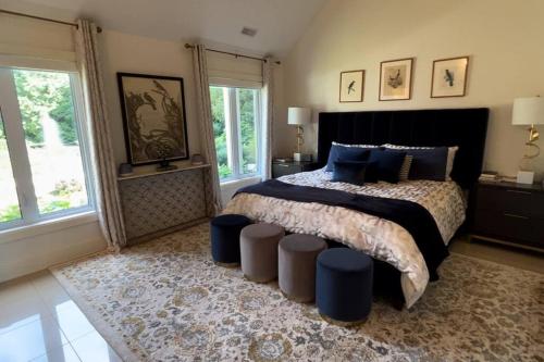 - une chambre avec un lit doté d'oreillers bleus et d'un tapis dans l'établissement Luxury 1000 Island's Waterfront Home, à Pittsburgh