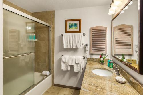 La salle de bains est pourvue d'un lavabo et d'une douche. dans l'établissement Waikomo Stream Villas 332, à Koloa
