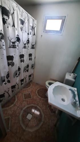 uma casa de banho com um lavatório e uma cortina de chuveiro em Moni Moni P A em Río Gallegos