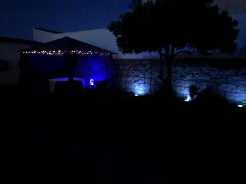 um quarto escuro com uma tenda e uma árvore à noite em Hakuna Matata em Cano