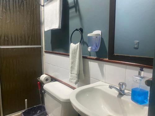 a bathroom with a sink and a toilet and a mirror at Suite Noa Apartamento in San Pedro Sula