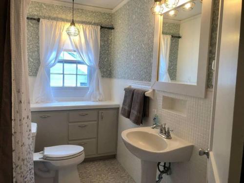 baño con lavabo y aseo y ventana en Willow Oaks Cottage, en Paragould