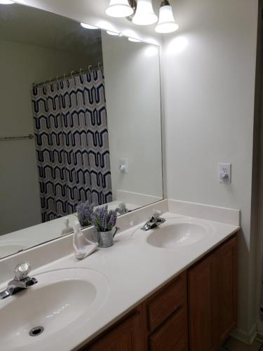 a bathroom with a sink and a large mirror at Gathering Place in Charlotte