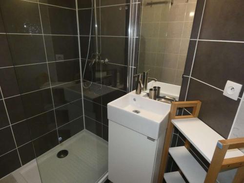 une salle de bain avec une douche, un lavabo et des toilettes dans l'établissement Studio Cabine Moderne, 100m de la Plage, Parking et Wifi Inclus - FR-1-328-253, à La Grande Motte