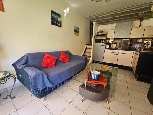 un salon avec un canapé bleu avec des coussins rouges dans l'établissement Charmant T2 à Saint-Cyprien - Terrasse, Clim, Proche Plage et Parking Privé - FR-1-309-444, à Saint-Cyprien