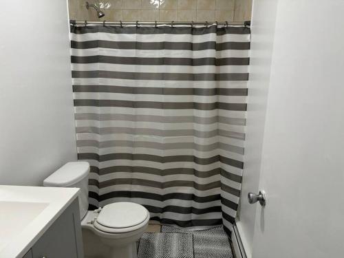 e bagno con servizi igienici e tenda per la doccia. di Comfy Family Home -Adjacent To NYC: 15 Guests a Passaic