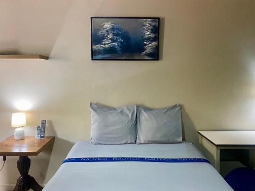 サン・ペドロ・スーラにあるMini Suite Apartamentoのベッド1台(枕2つ付)、壁に絵が描かれた客室です。